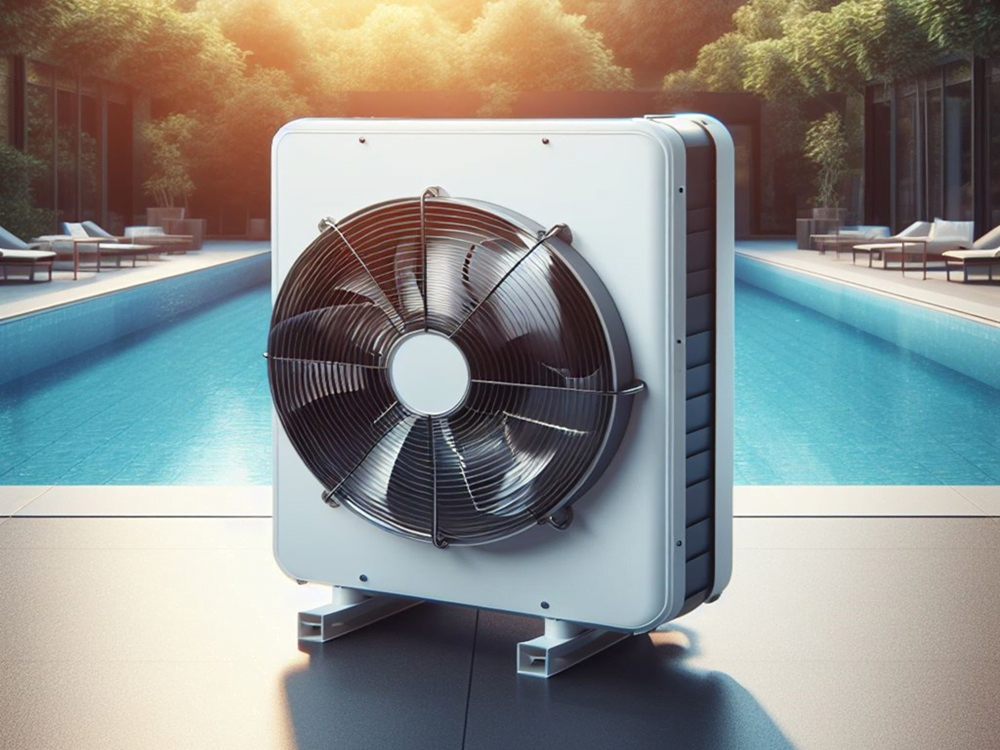 Bomba de calor delante de una piscina